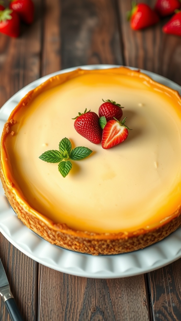 A large classic New York style cheesecake with strawberries and mint leaves on a wooden table.